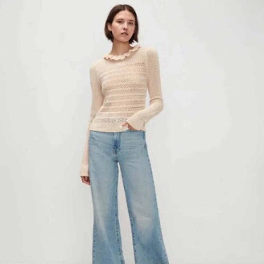 7 FOR ALL MANKIND | Ruffle Neck Long Sleeve Sweater in Heather Oatmeal | Size M